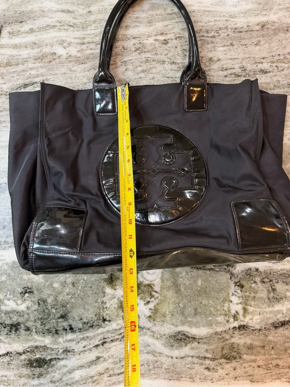 Tory Burch Black Nylon Tote with Glossy Patent Logo
